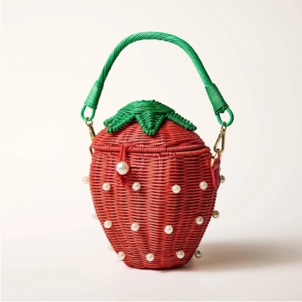Strawberry Pearl Accent Woven Handbag - Red & Green - Picture 2 of 6